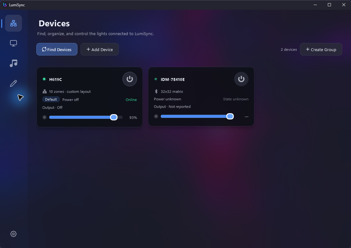 LumiSync device management screen
