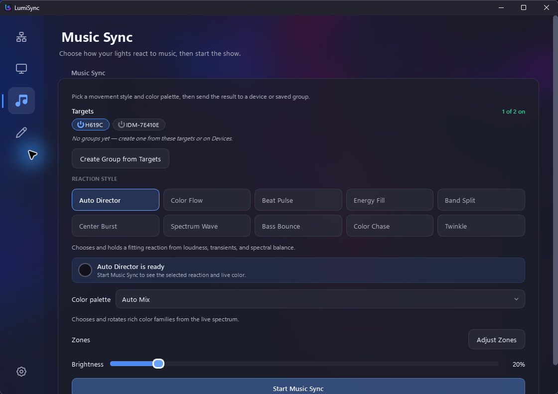 LumiSync desktop app showing music sync controls